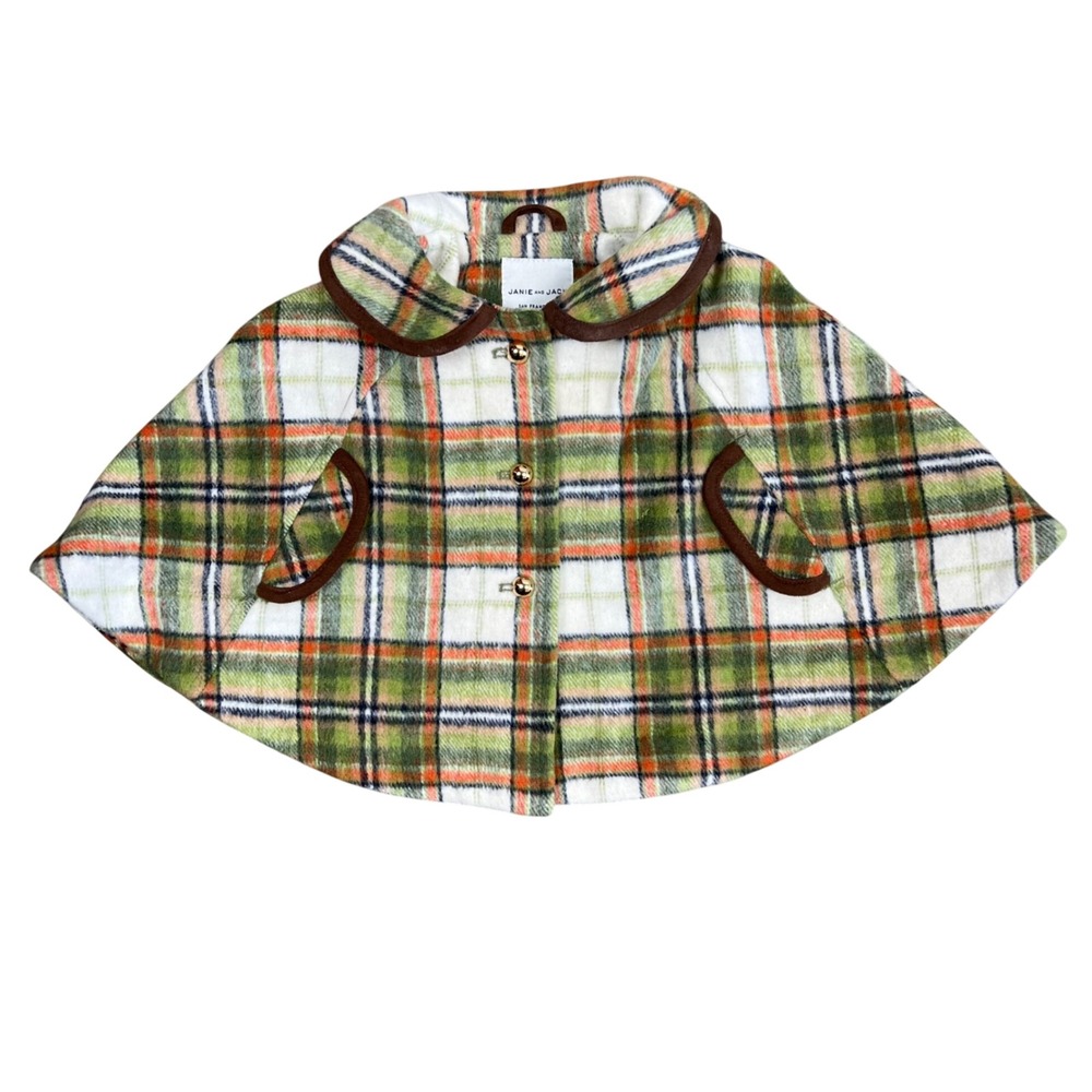 Janie and Jack Kids Green Plaid Cape Coat Gold‎ Button Peter Pan Collar 12-18M